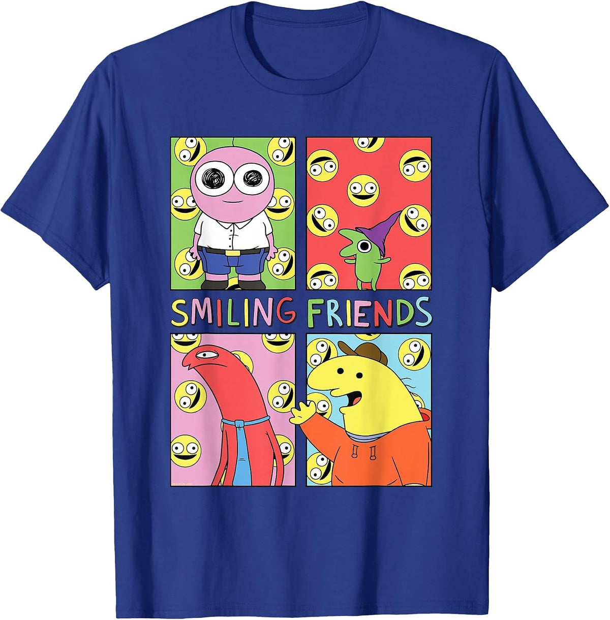 Smiling Friends Pop Art Character Grid Funny Cartoon T-Shirt - Royal Blue