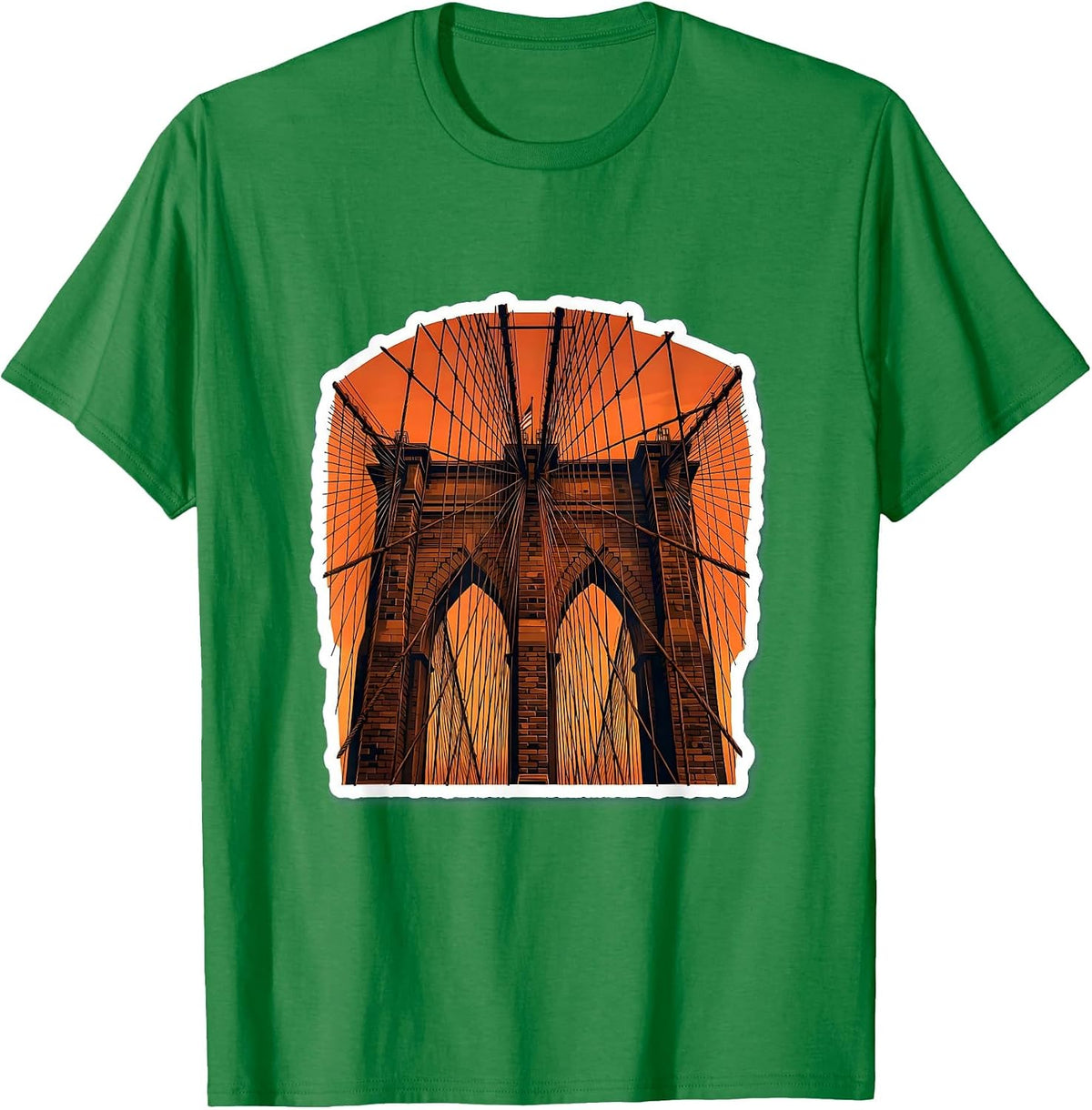 Men's Brooklyn Bridge Sunset Cables New York Art T-Shirt - Kelly Green