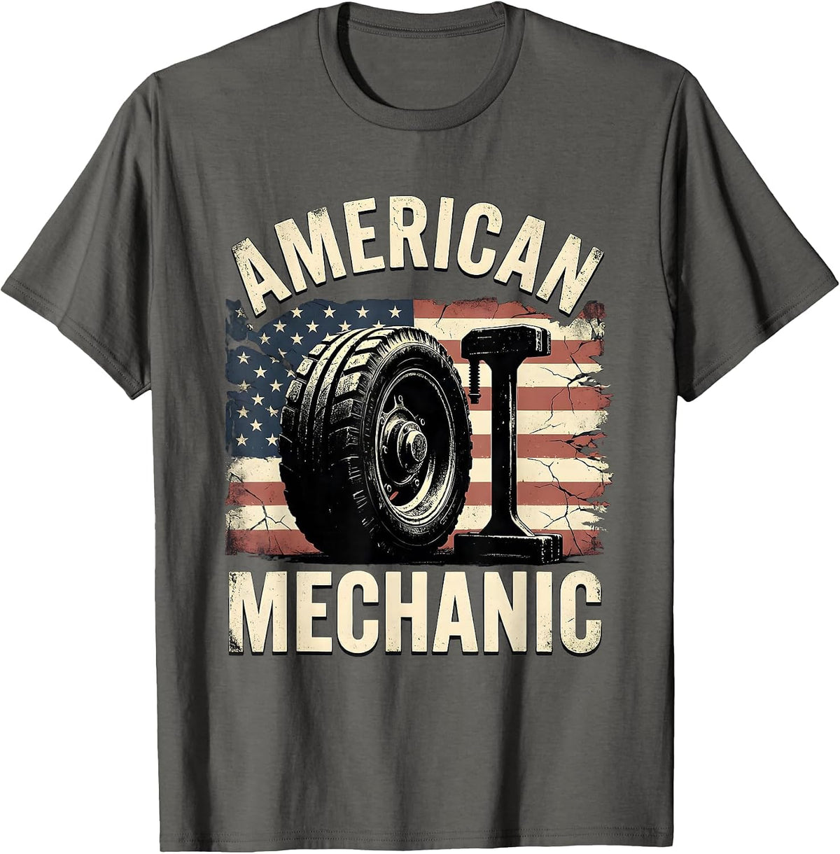 American Mechanic Distressed Patriotic Mechanic Gift T-Shirt - Asphalt Grey