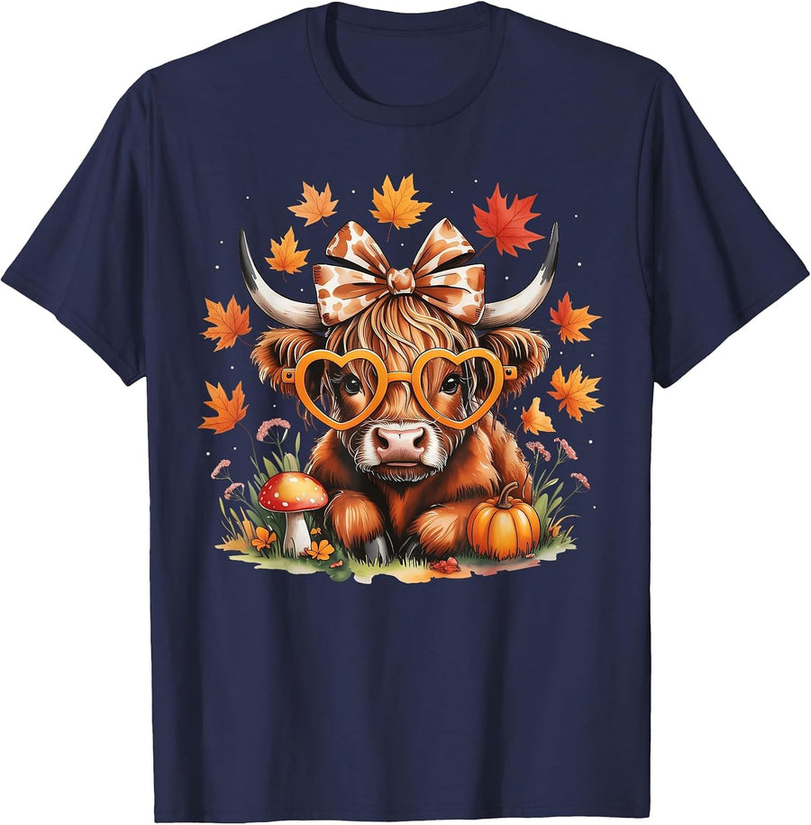 Fall Highland Cow Pumpkin Bow Thanksgiving Fall Girl Women T-Shirt - Navy Blue