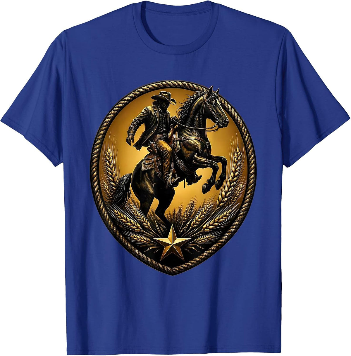 Cowboy Silhouette Riding Horse at Sunset T-Shirt - Royal Blue