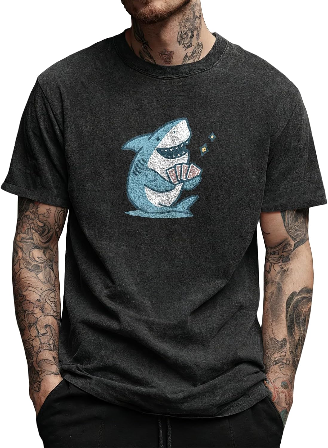 MARSVOVO Mens Classic Short Sleeve Cotton Tshirts Trendy Summer Washed Graphic Tees Soft Relaxed Casual Shirts Tops - Shark B