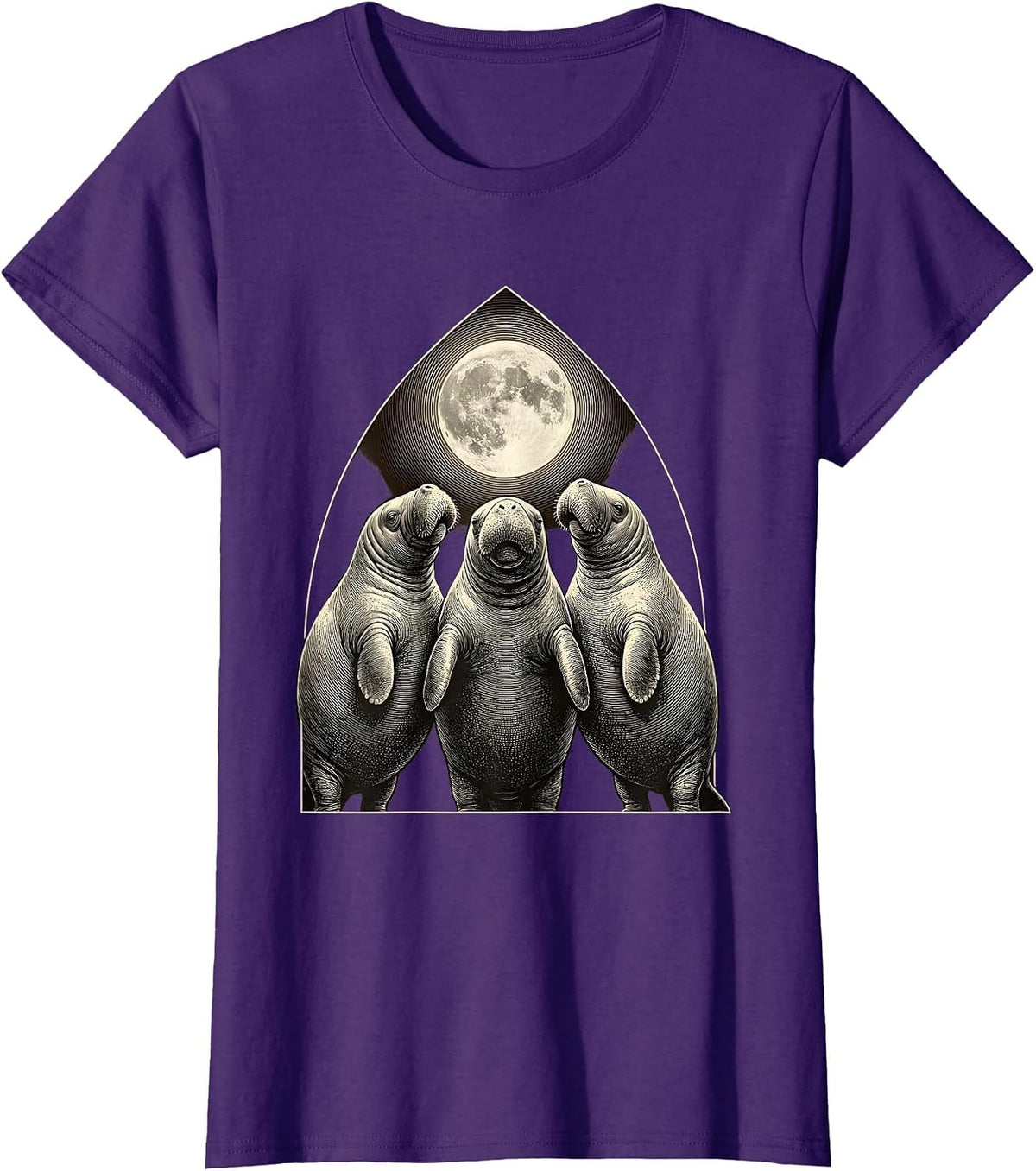 Women's Three Manatees Moon Crosshatch Etching Absurdist Meme T-Shirt - Purple