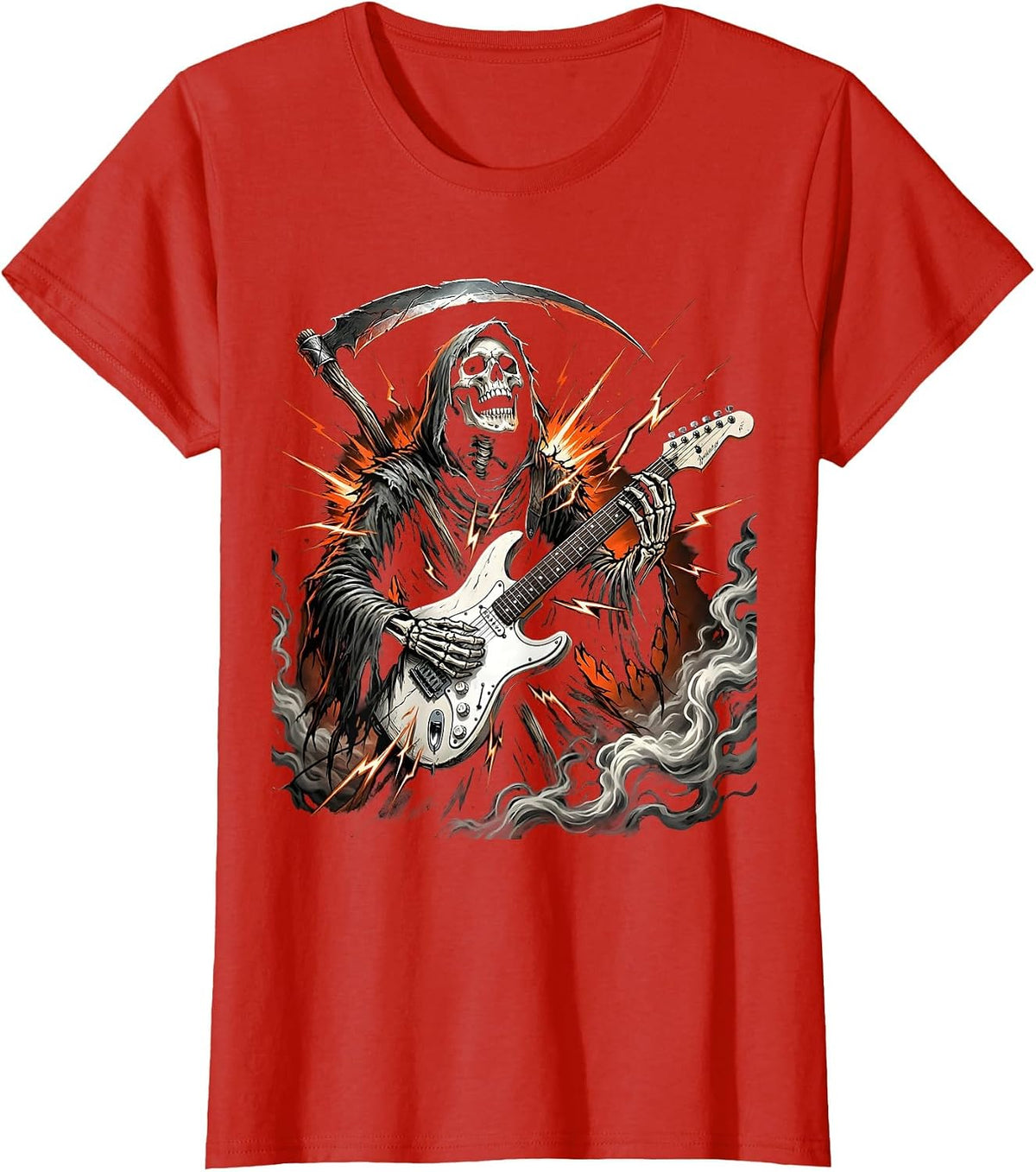 Grim Reaper Electric Guitar Halloween Graphic T-Shirt - Red