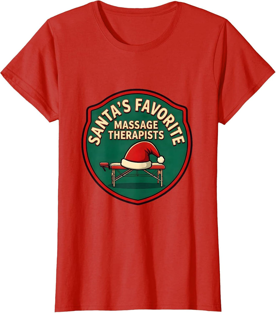Women's Santa's Favorite Massage Therapists Funny Physical Therapy T-Shirt - Red