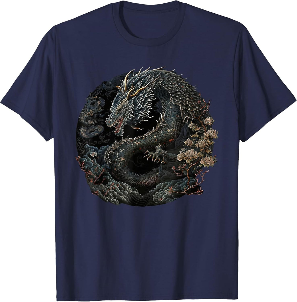 Japanese Art Print Dragon Japan Chinese Asian Graphic Print T-Shirt - Navy Blue