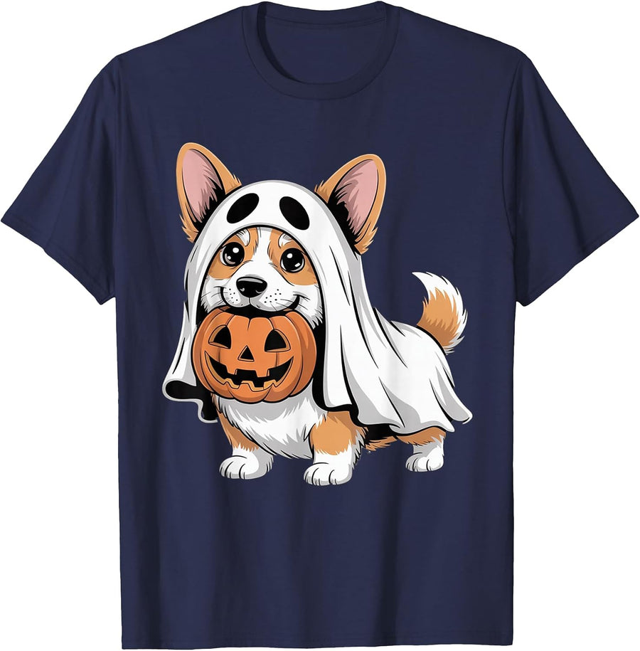 Cute Corgi Ghost Pumpkin Dog Owner Halloween Costume T-Shirt - Navy Blue