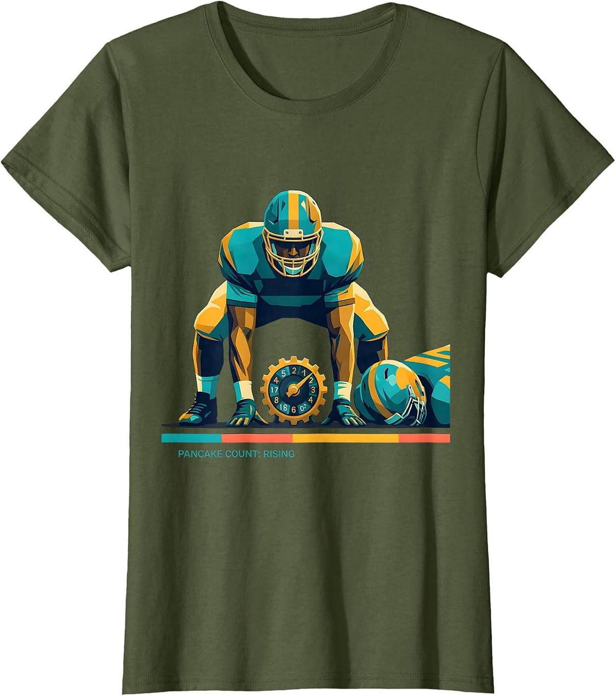 Women's Pancake Count: Rising Flat Vector Football Lineman Humor T-Shirt - Olive Green