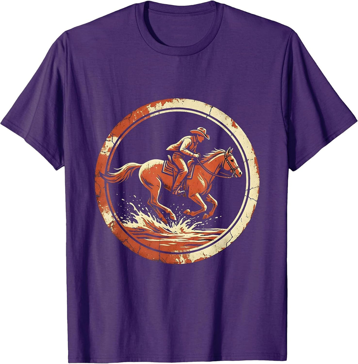 Cowboy Riding Horse Through River Splash USA T-Shirt - Purple