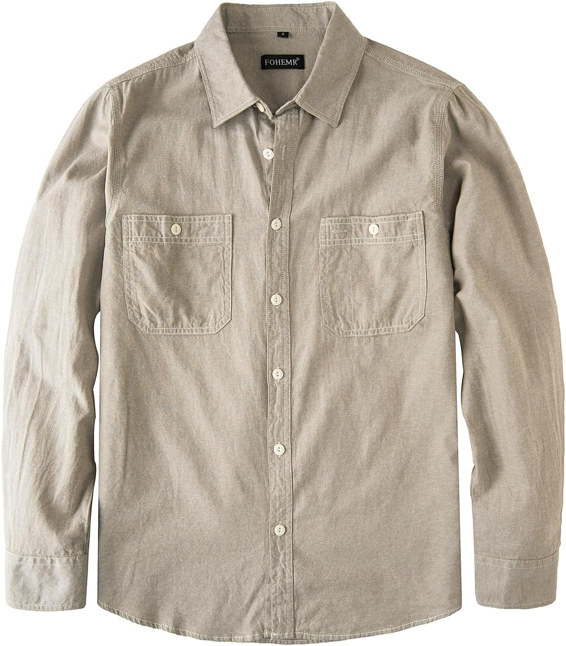 fohemr Men's Chambray Shirt Work Button Down Long Sleeve with Two Pocket - Khaki04