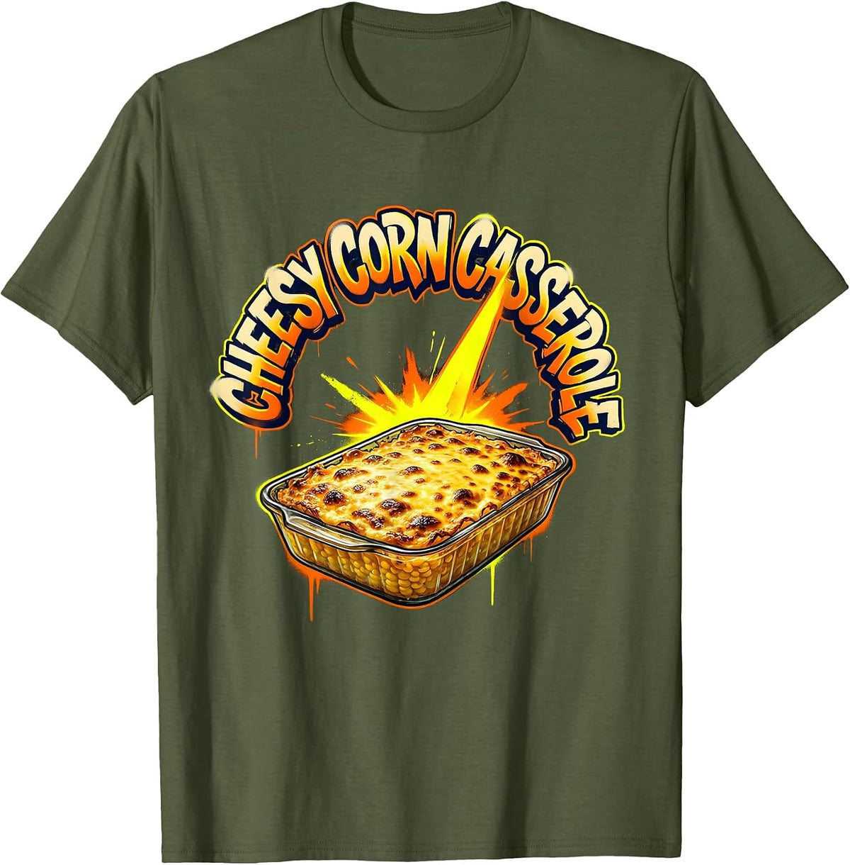 Cheesy Corn Casserole Graffiti Thanksgiving Food Bootleg T-Shirt - Olive Green
