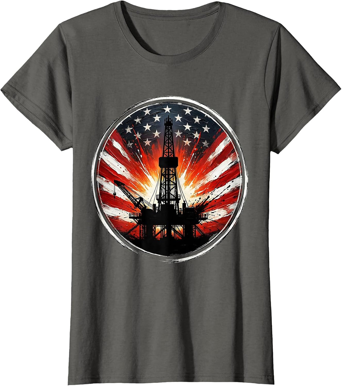 Women's Oil Rig Sunset Silhouette Graphic Design T-Shirt - Asphalt Grey