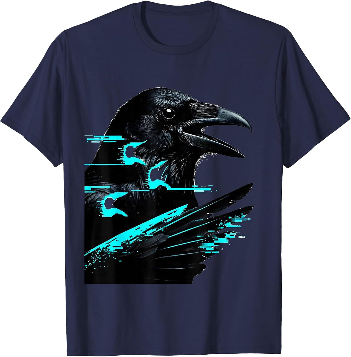 Men's Crow Glitch Datamosh Dark Humor Gothic T-Shirt - Navy Blue
