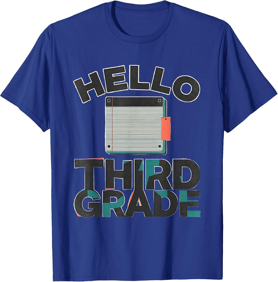 Hello, Third Grade Midcentury Modern Retro Teacher Student T-Shirt - Royal Blue