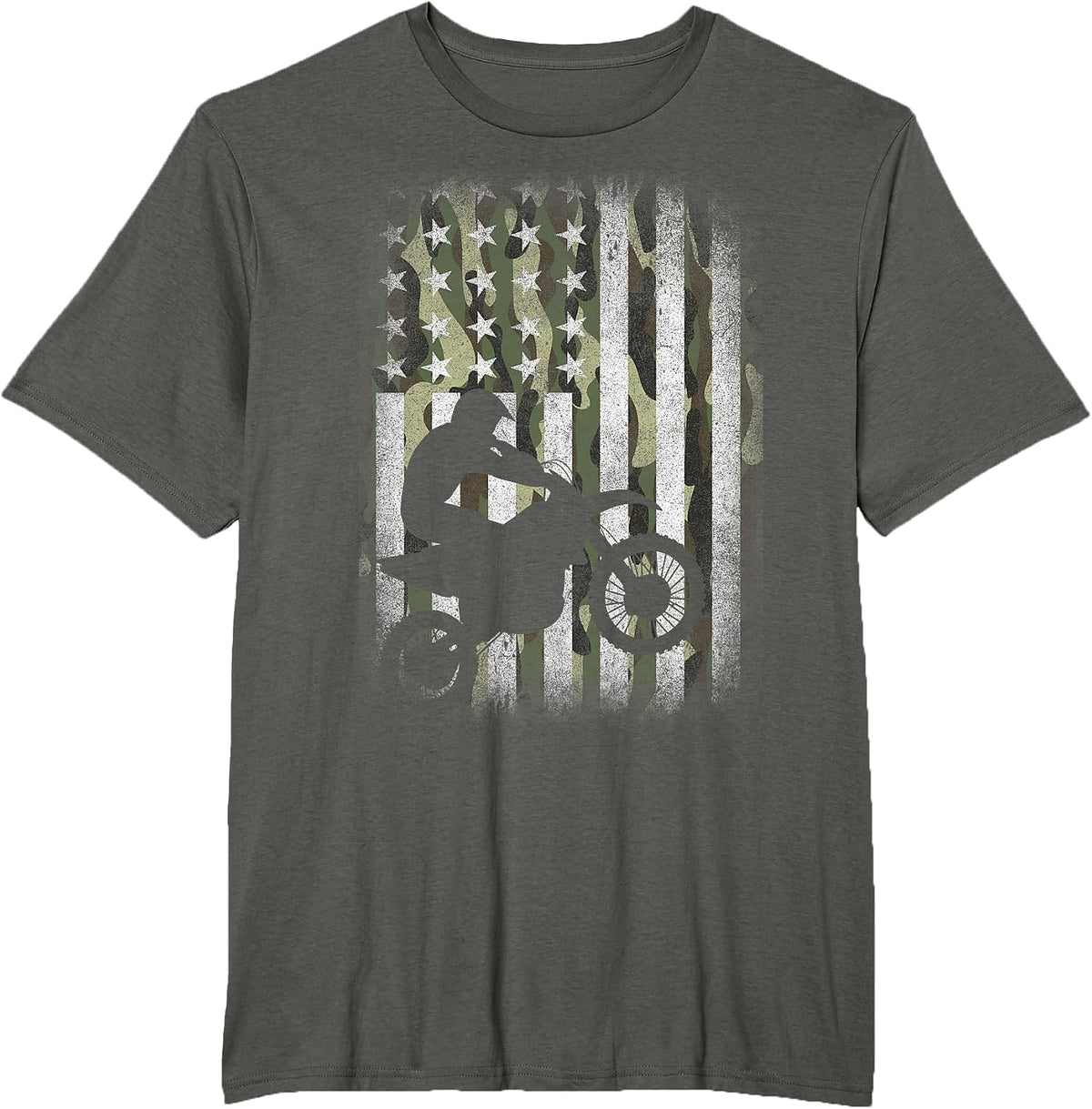 Camo Motocross Dirt Bike Racing Camouflage American US Flag T-Shirt - Asphalt Grey