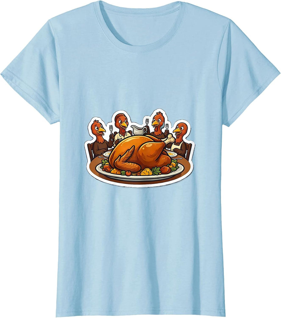 Women's Turkey Dinners Sticker Style Funny Thanksgiving Group T-Shirt - Baby Blue