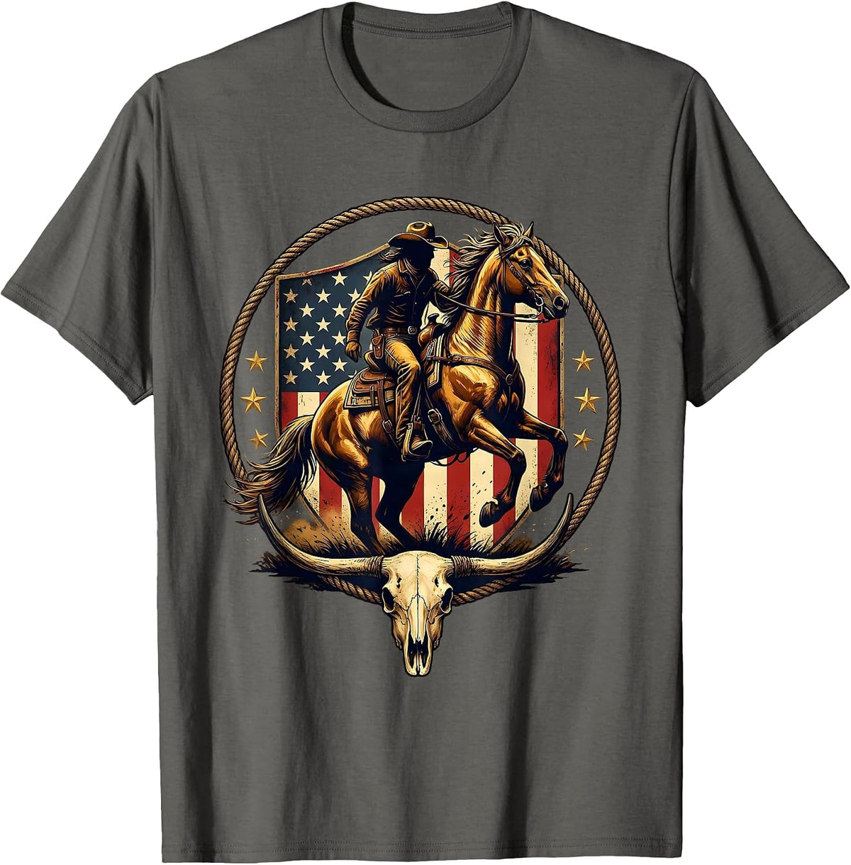 Cowboy Riding Horse at Sunset Western Design T-Shirt - Asphalt Grey