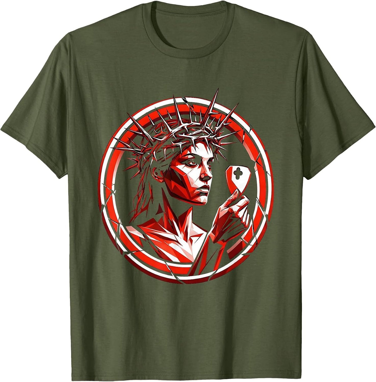 Rock Queen Crowned With Thorns Guitar Pick Art T-Shirt - Olive Green