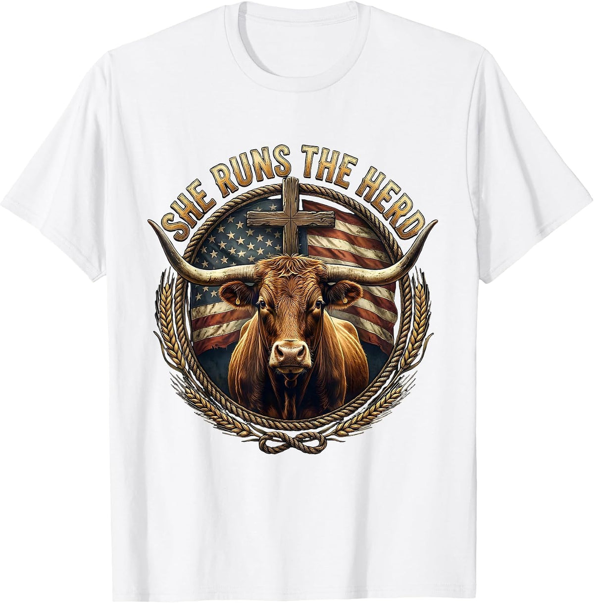 Men's She Runs The Herd Cow Lover Design T-Shirt - White