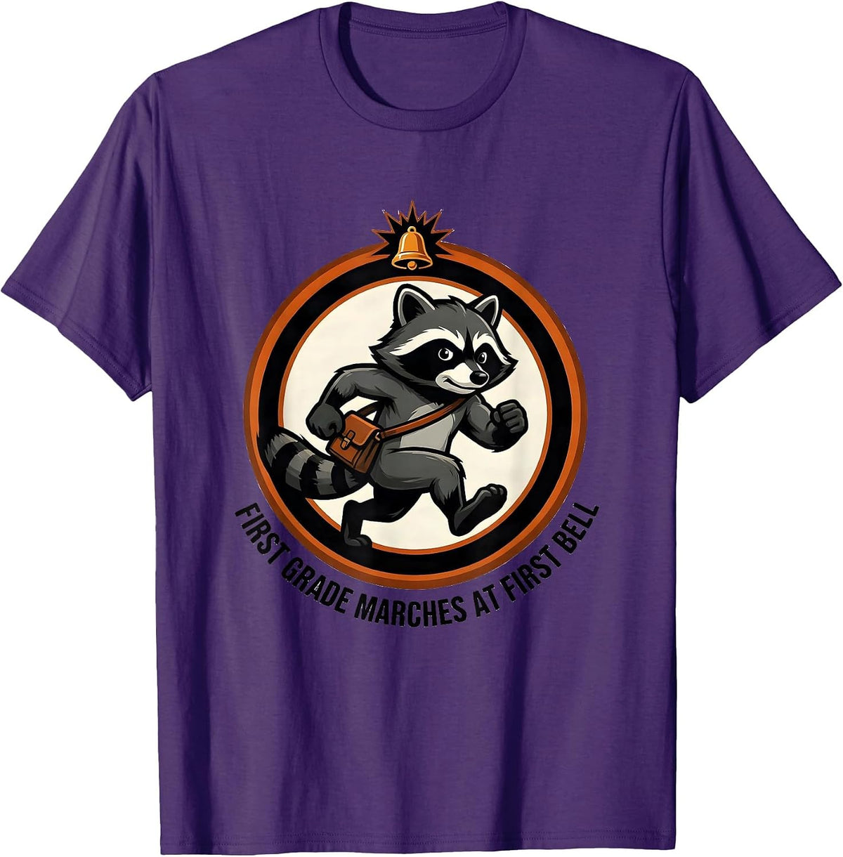 First Grade Marches At First Bell Funny Teacher Mascot Logo T-Shirt - Purple
