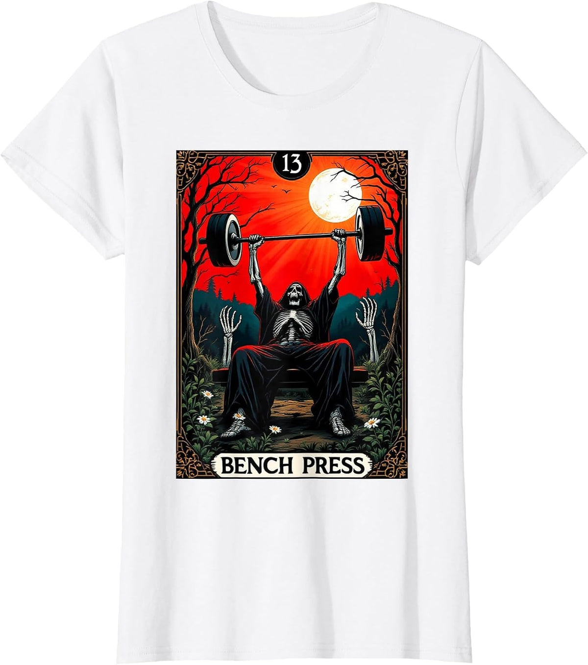 Funny Tarot Card Bench Press Gym Occult Workout Fitness T-Shirt - White