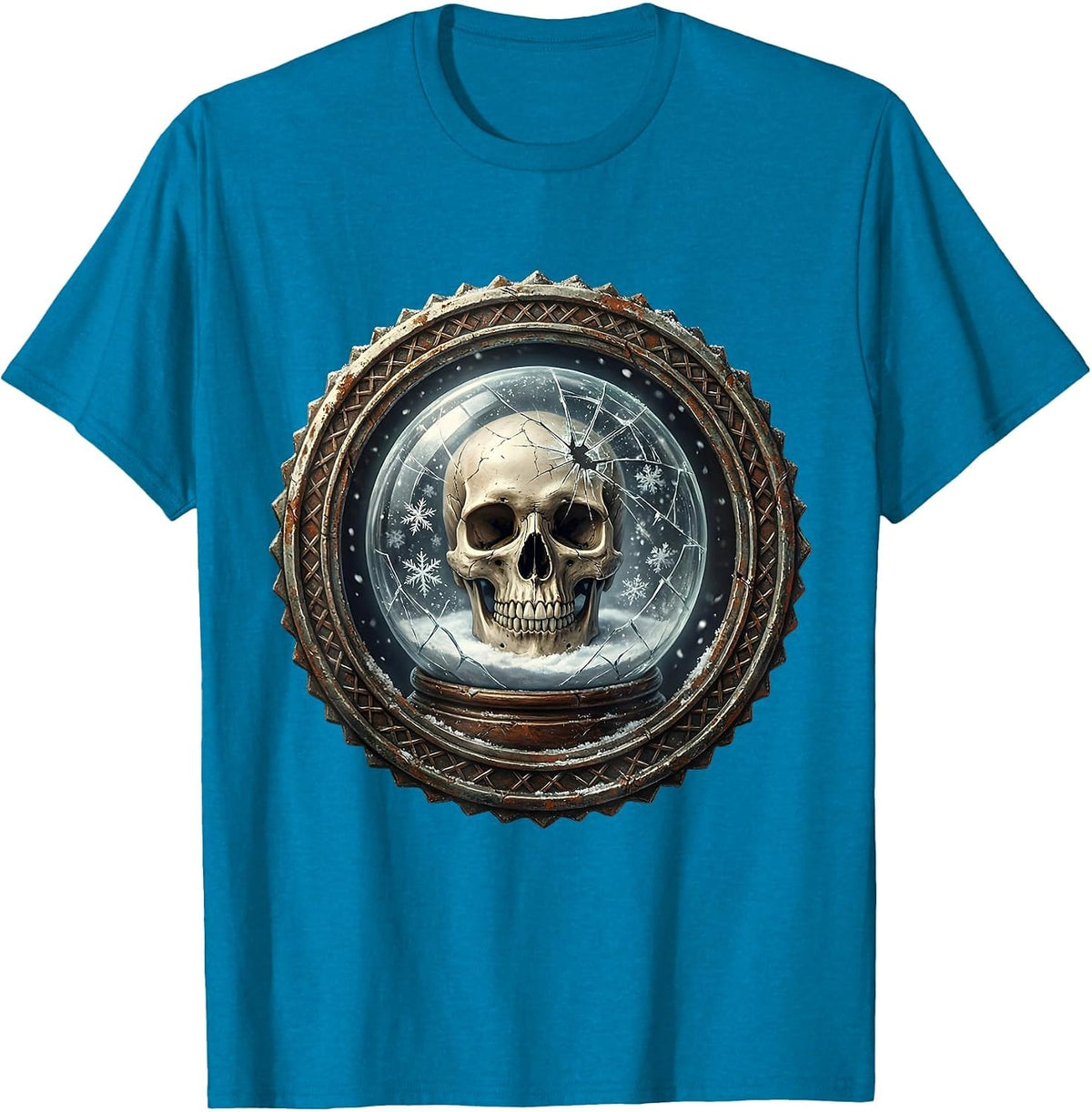 Grunge Skull Cracked Snow Globe Graphic T-Shirt - Sapphire Blue