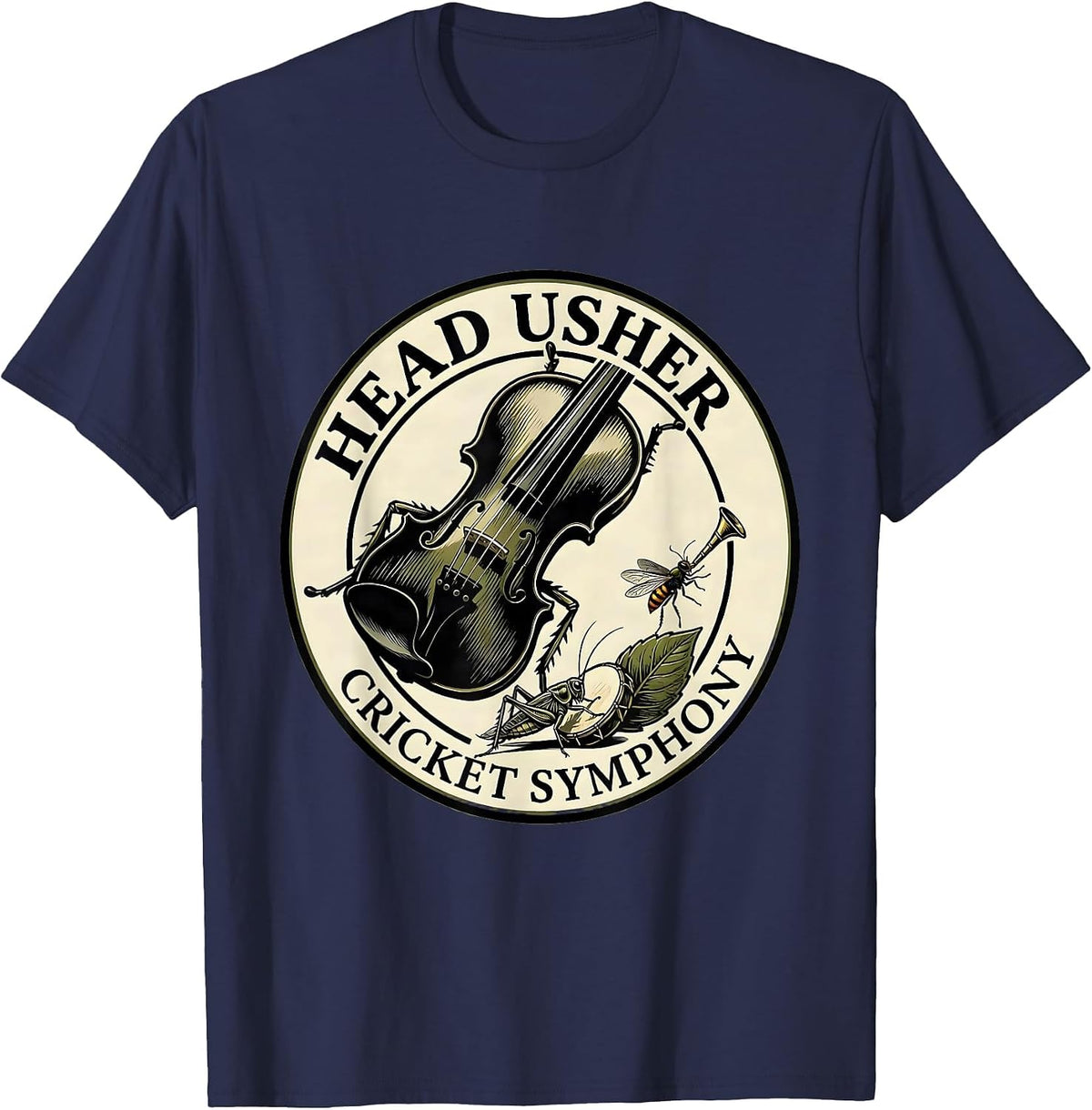 Men's Head Usher Cricket Symphony Vintage Insect Band Nature Lover T-Shirt - Navy Blue