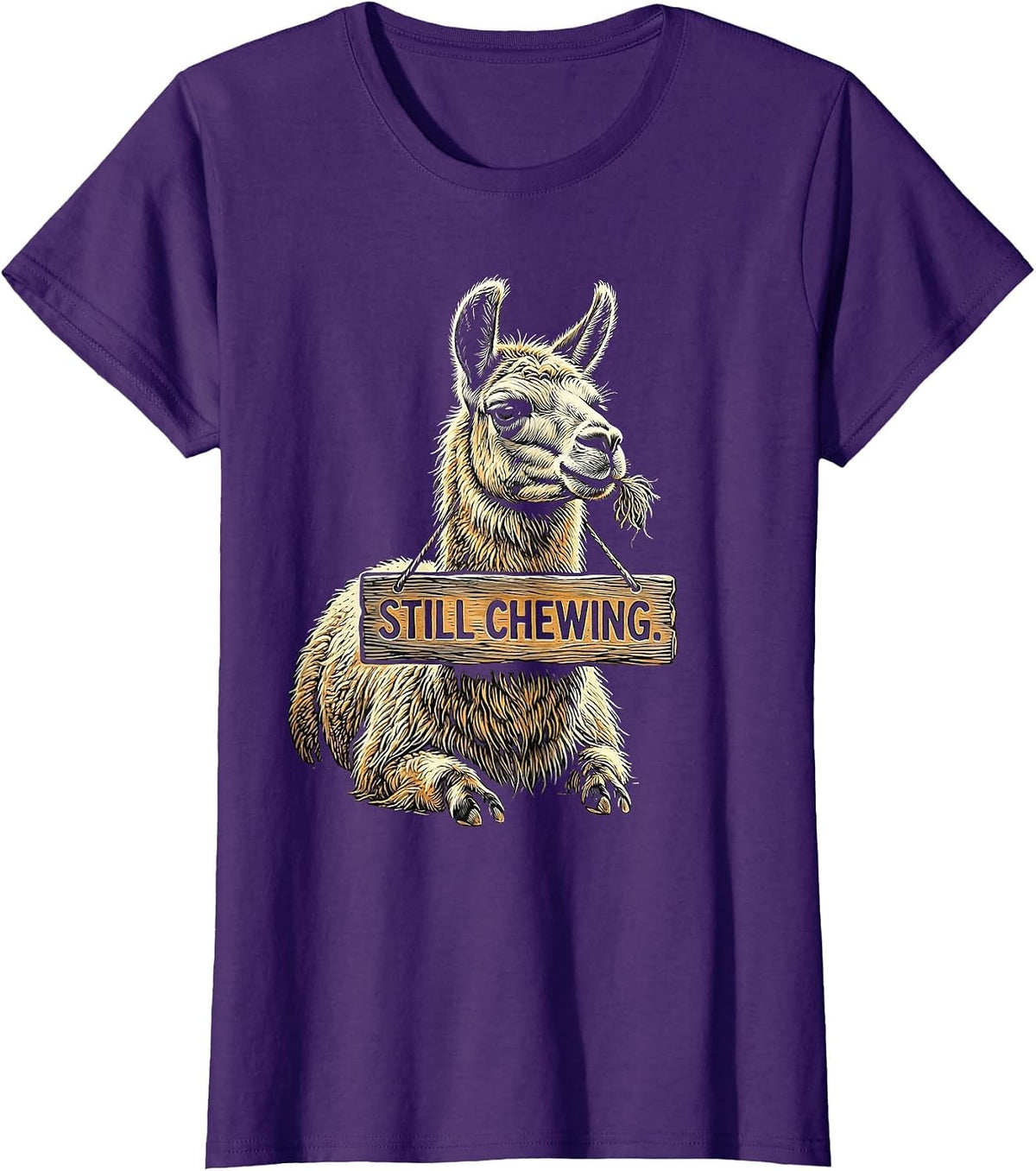 Women's Still Chewing Funny Llama Alpaca Pun Humor T-Shirt - Purple