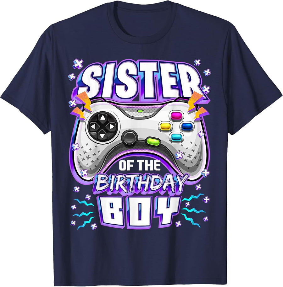 Sister of the Birthday Boy Matching Video Gamer Party T-Shirt - Navy Blue