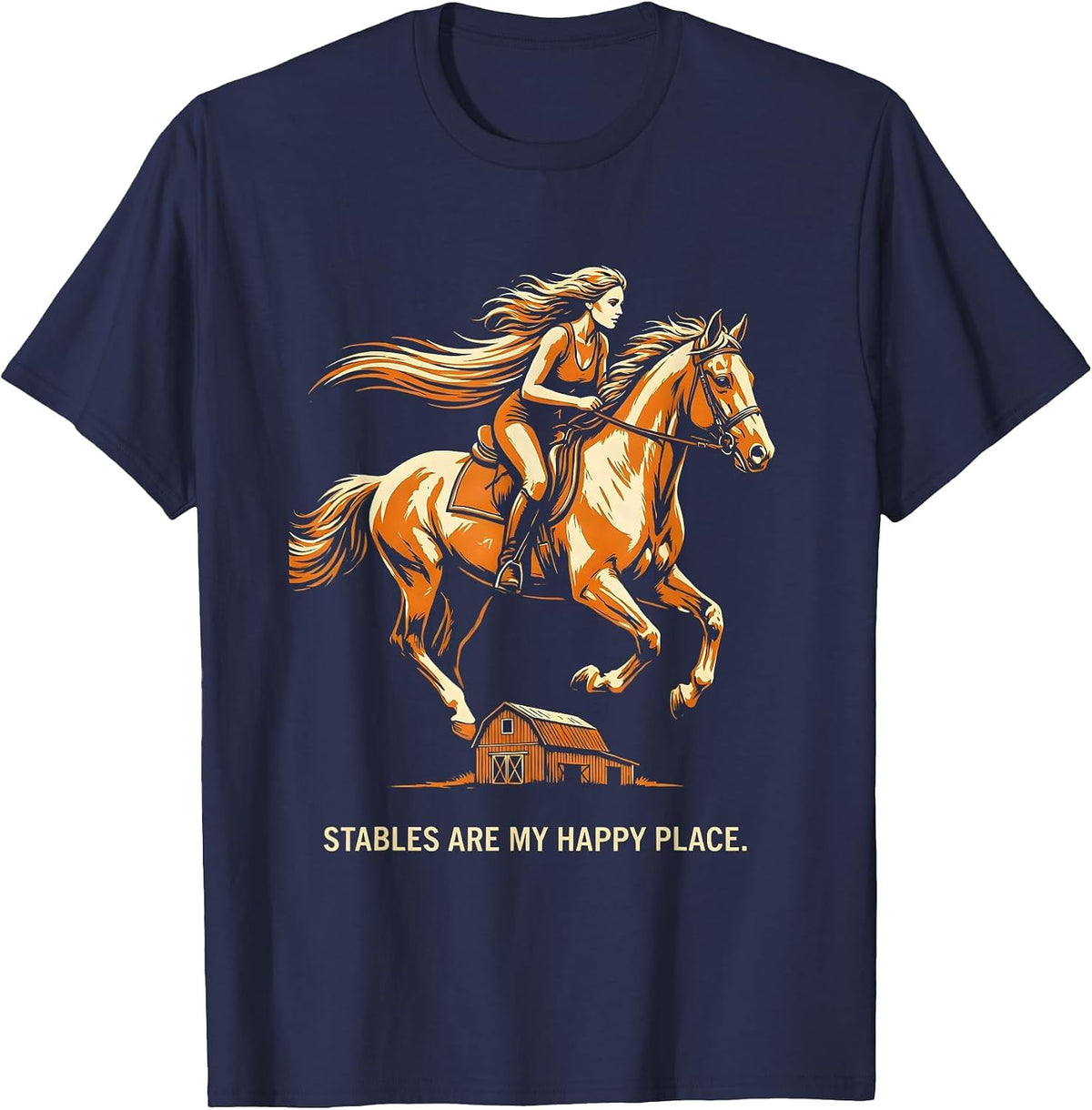 Stables Are My Happy Place Horse Lover Design T-Shirt - Navy Blue