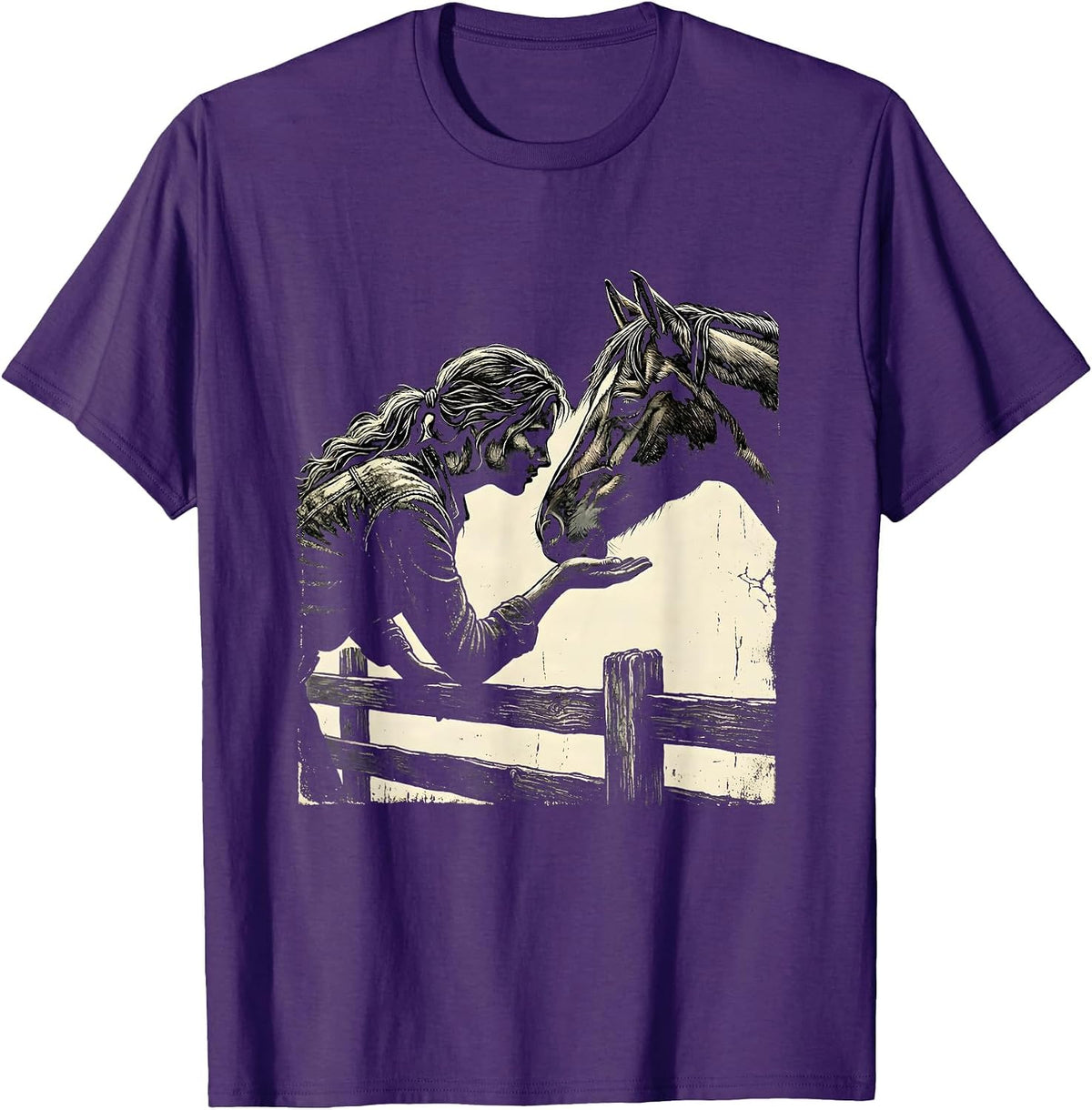 Horse Lover Apple Feeding Over Fence Illustration T-Shirt - Purple