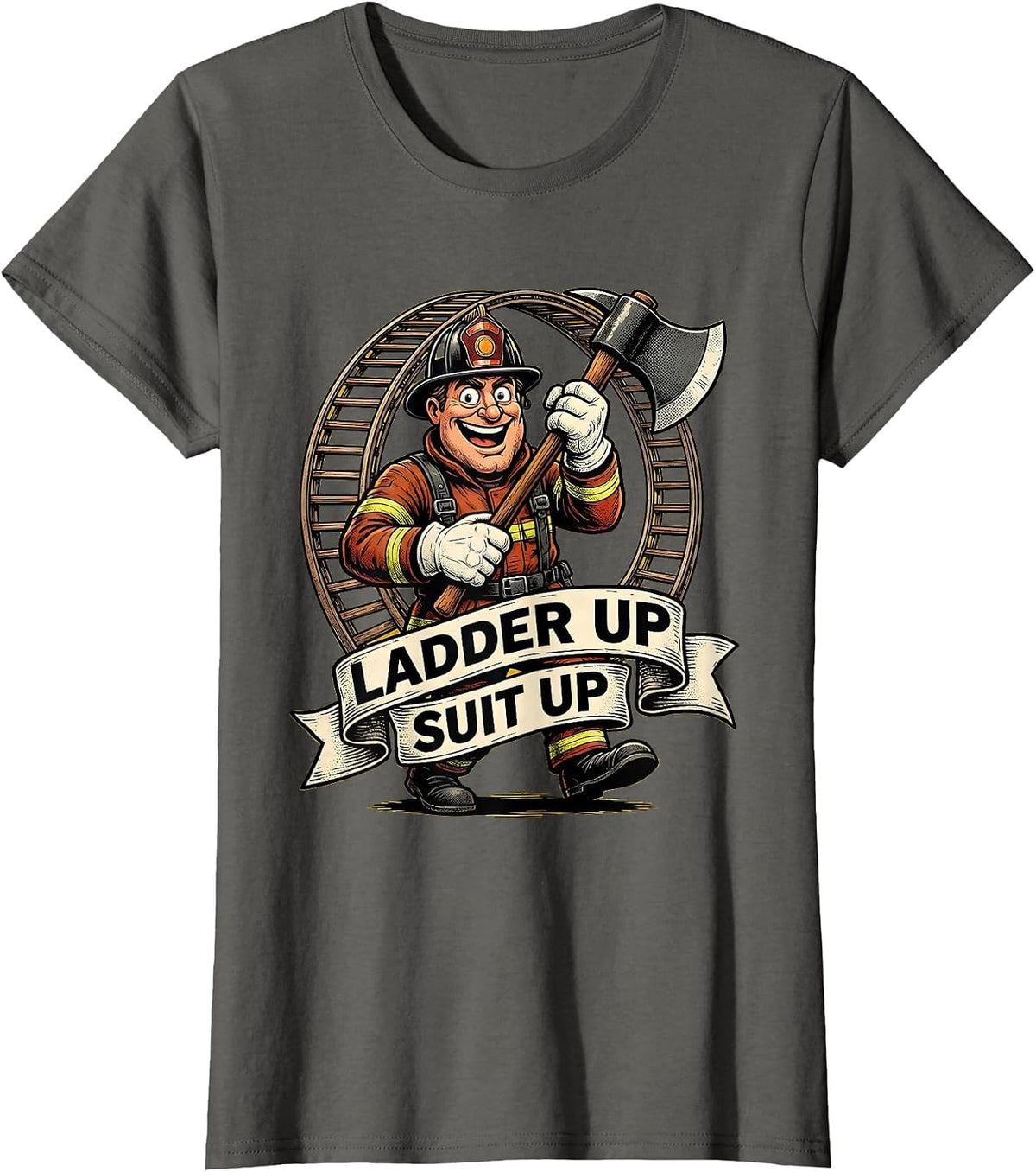 Women's Ladder Up Suit Up Firefighter Graphic Design T-Shirt - Asphalt Grey