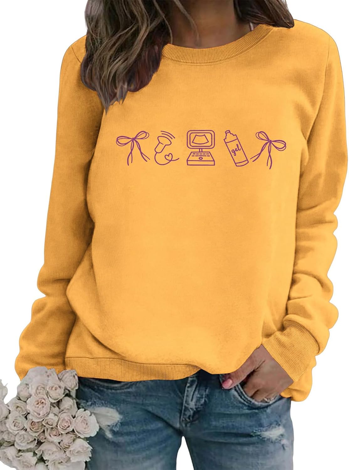 Women's Sonographer Ultrasound Tech Sweatshirt Cute Bow Graphic Pullover Crew Neck Loose Long Sleeve Soft Tops - Yellow