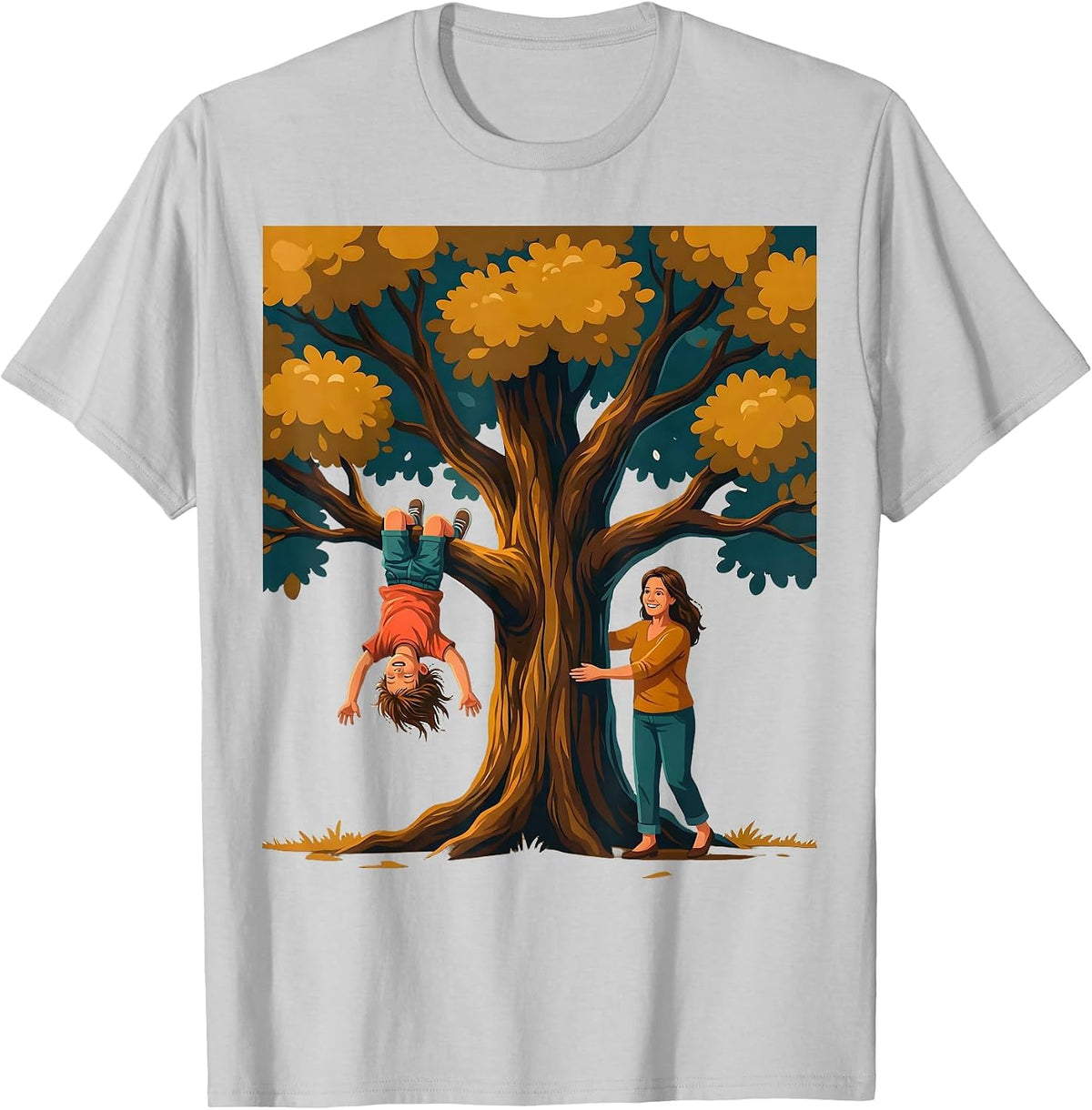 Men's Boy Mom Upside Down Tree Climbing Illustration T-Shirt - Silver Grey