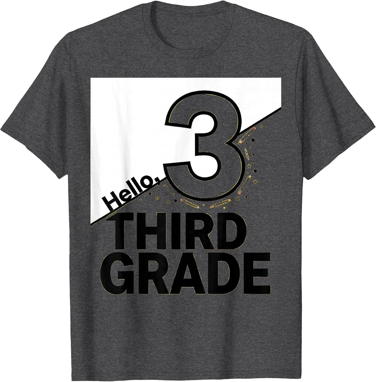 Men's Hello, Third Grade Playful Teacher Back to School T-Shirt - Dark Heather Grey