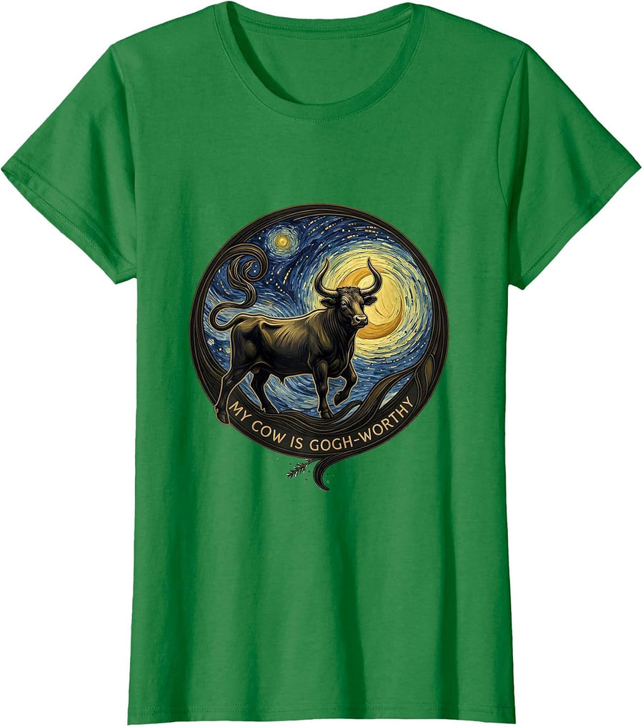 Women's My Cow Is Gogh-Worthy Art Nouveau Animal Lover Novelty Gift T-Shirt - Kelly Green
