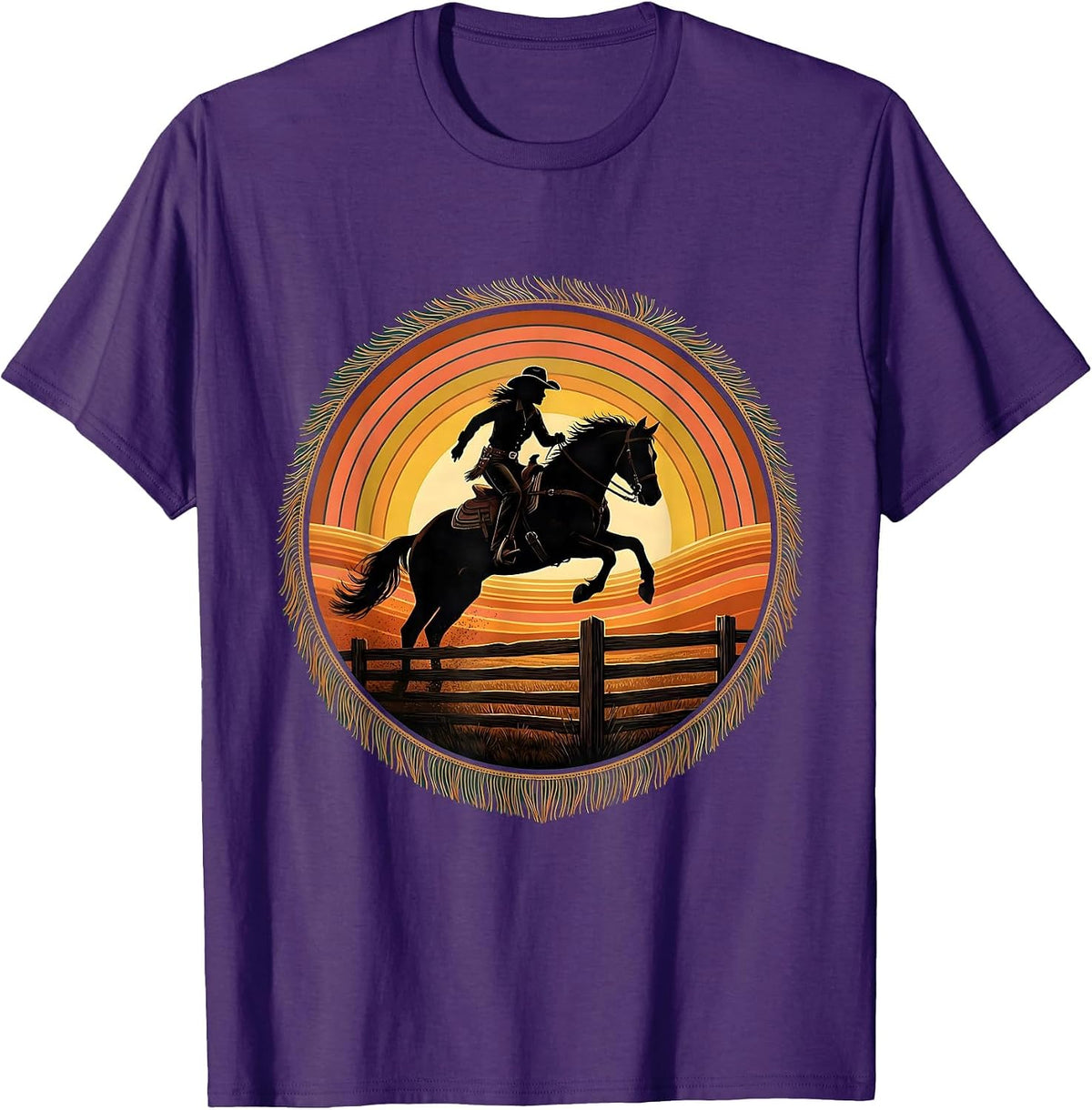 Cowgirl Jumping Fence on Horseback at Sunrise T-Shirt - Purple