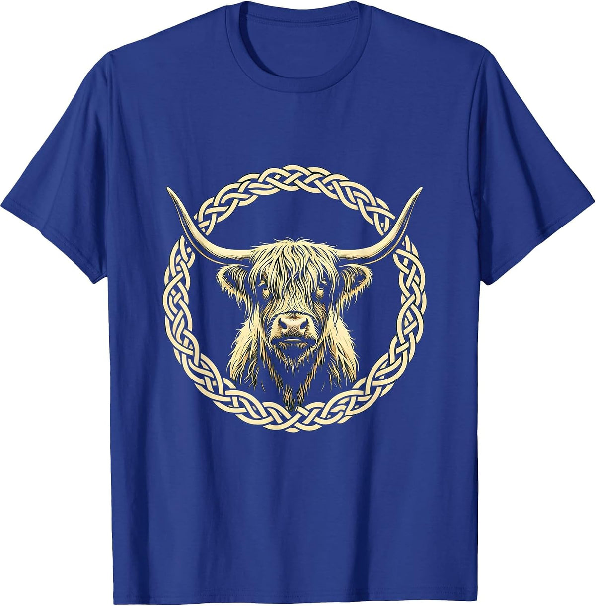 Men's Highland Cow Celtic Knotwork Illustration T-Shirt - Royal Blue