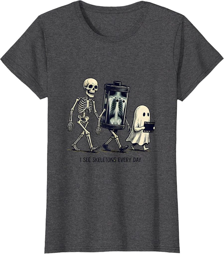 Women's I See Skeletons Every Day Funny Radiology Tech Halloween T-Shirt - Dark Heather Grey
