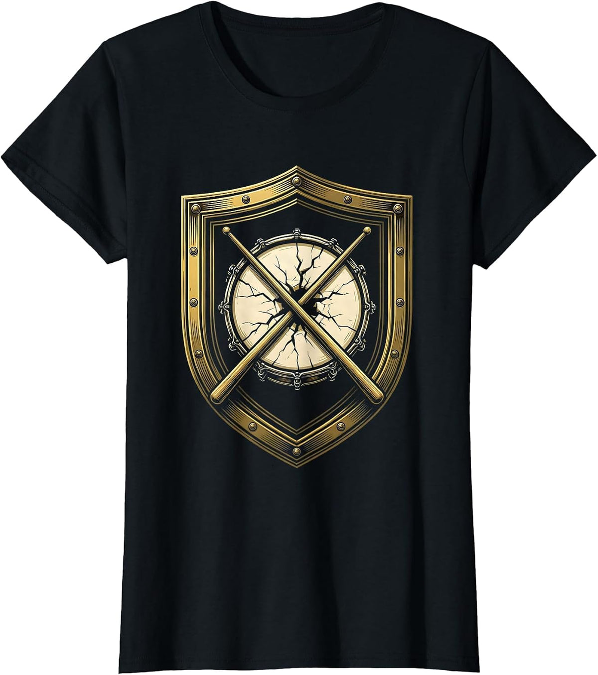 Women's Crossed Drumsticks Cracked Drum Rock Music Graphic T-Shirt - Black