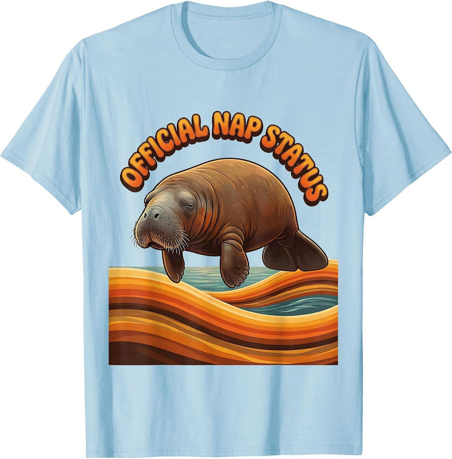 Men's Official Nap Status Retro 70s Funny Manatee Wildlife Humor T-Shirt - Baby Blue