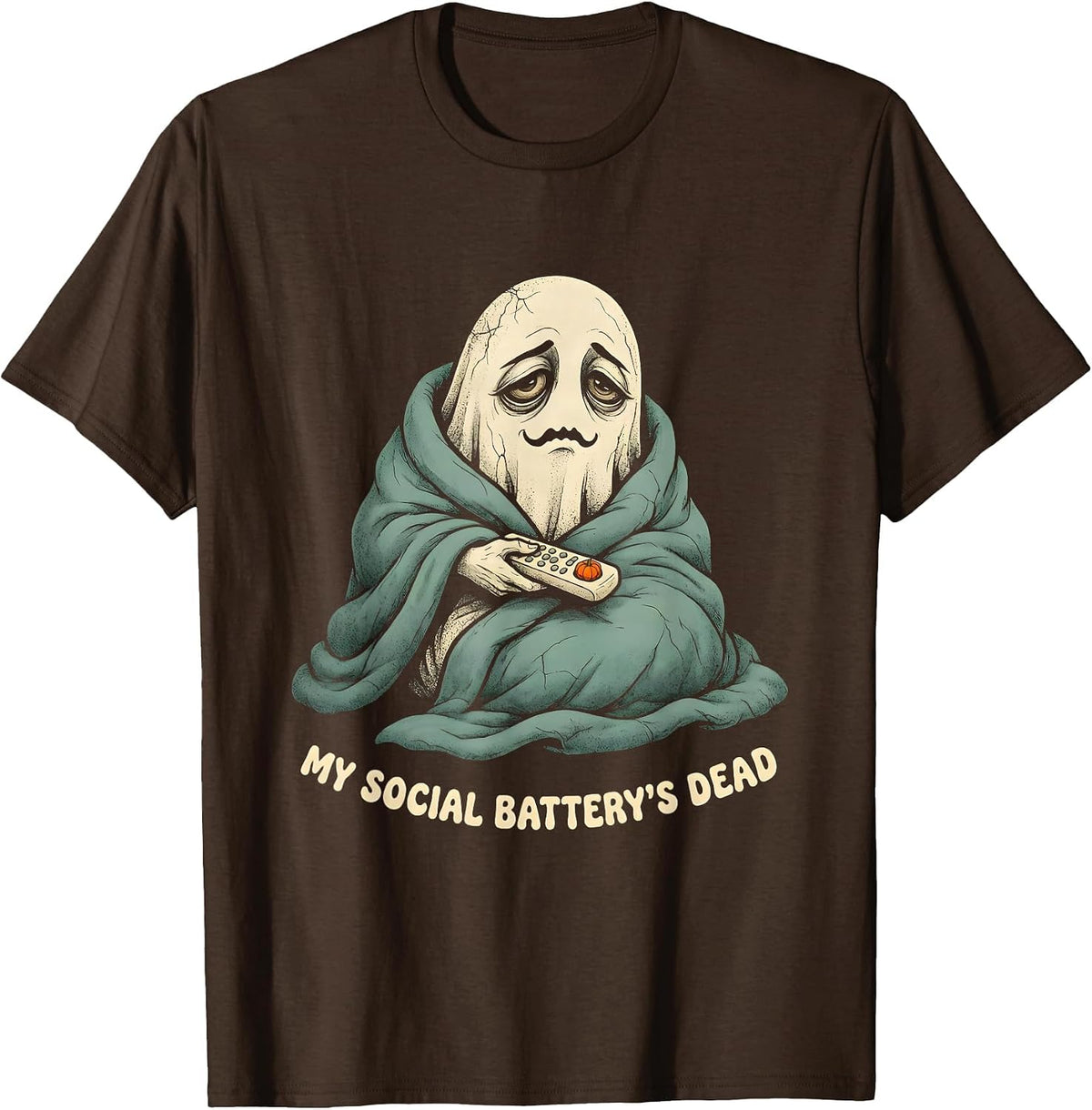 Men's MY SOCIAL BATTERY'S DEAD Funny Introvert Halloween T-Shirt - Brown
