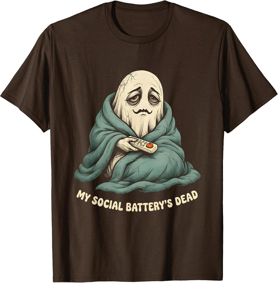 Men's MY SOCIAL BATTERY'S DEAD Funny Introvert Halloween T-Shirt - Brown