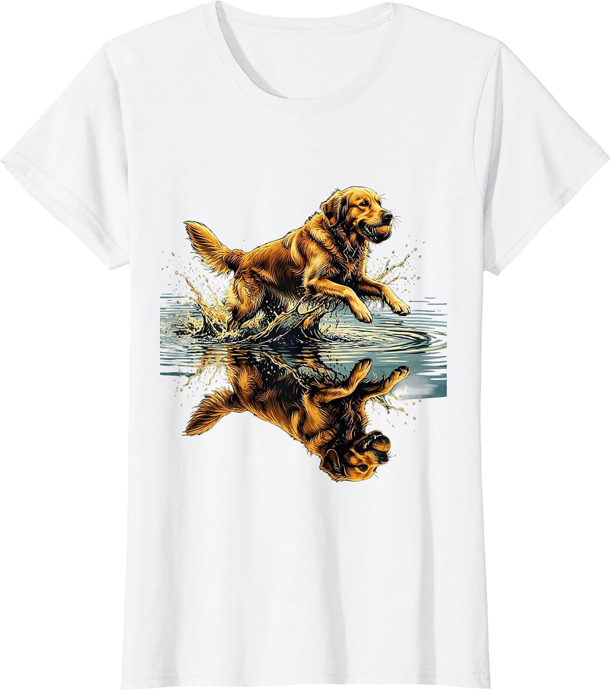 Golden Retriever Fetching Tennis Ball in River T-Shirt - White