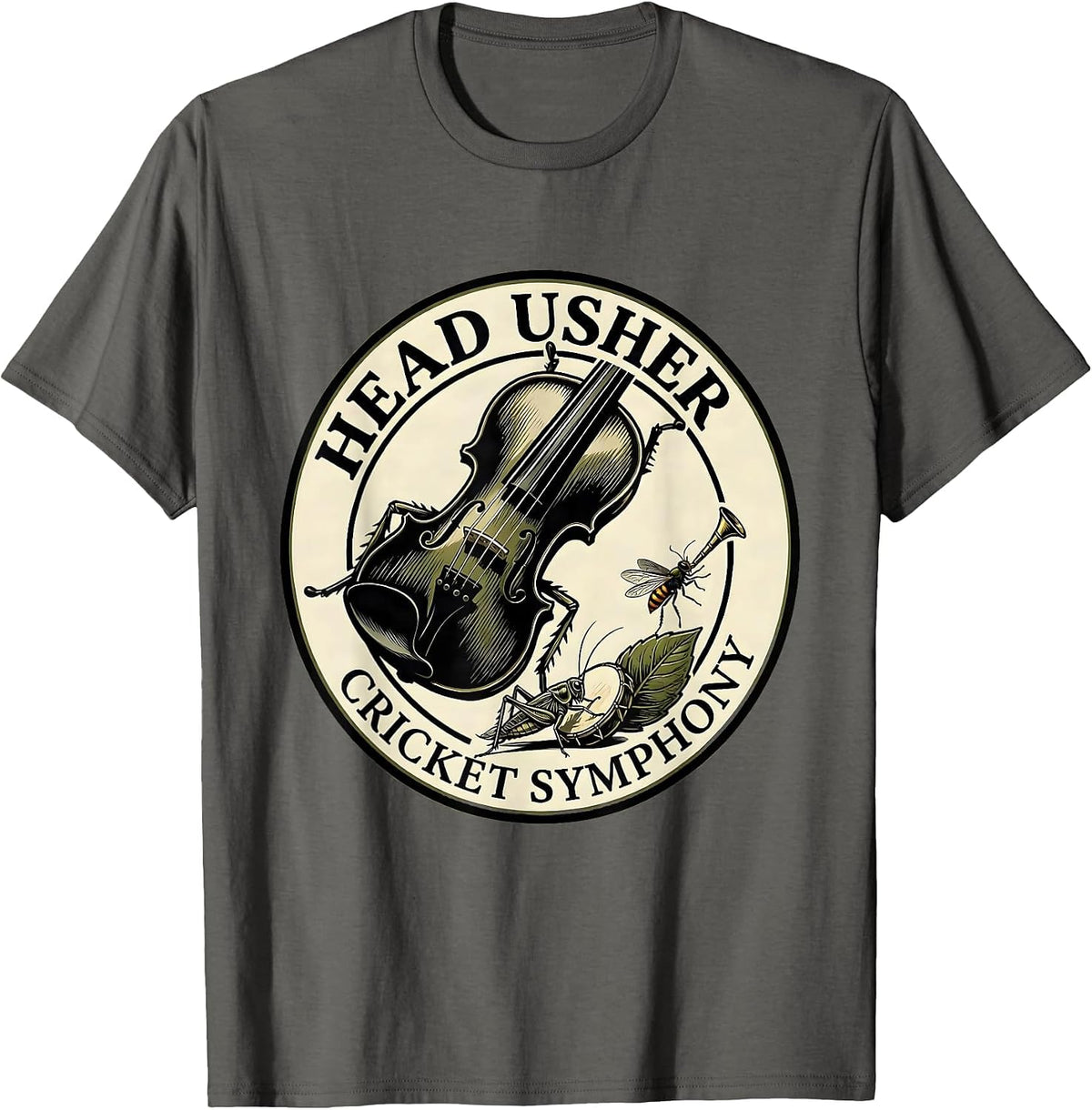 Men's Head Usher Cricket Symphony Vintage Insect Band Nature Lover T-Shirt - Asphalt Grey
