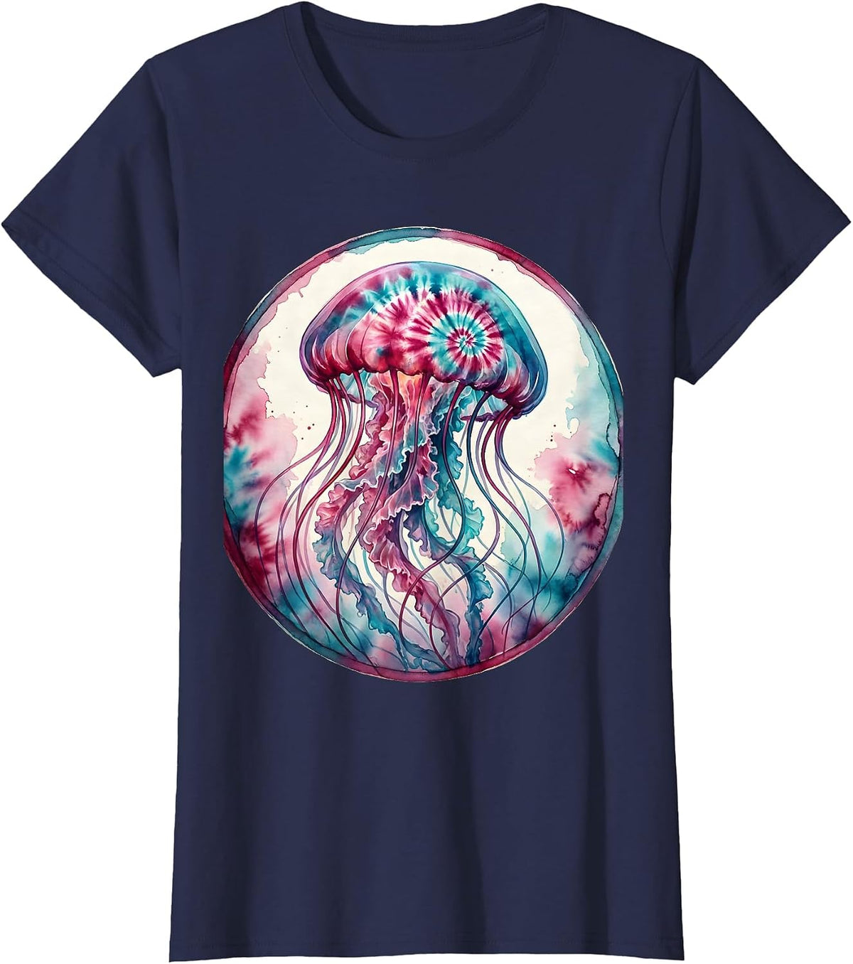 Women's Tie Dye Jellyfish Swirling Tentacles Art Design T-Shirt - Navy Blue