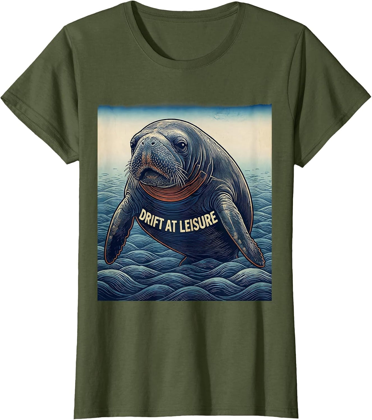 Women's Drift At Leisure Ukiyo-e Manatee Lover Animal Humor T-Shirt - Olive Green