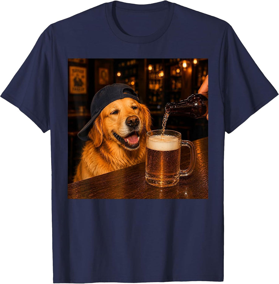 Golden Retriever Drinking Beer, Dog Meme T-Shirt - Navy Blue