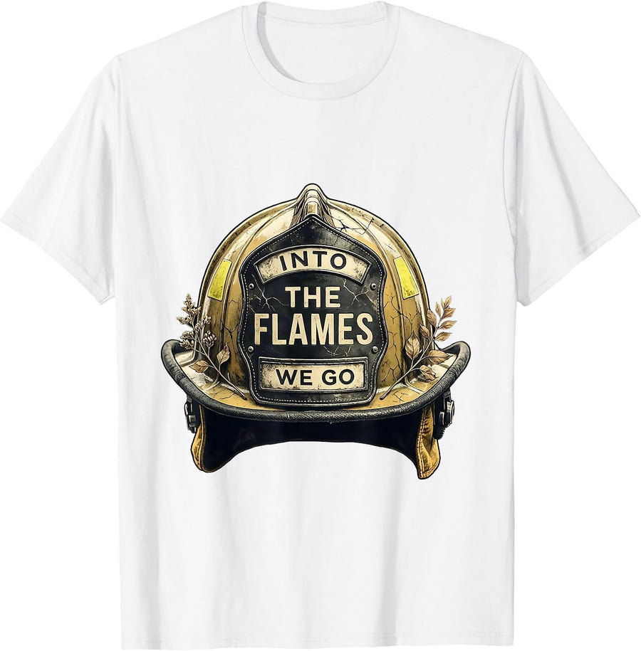 Men's Into the Flames We Go Firefighter Design T-Shirt - White