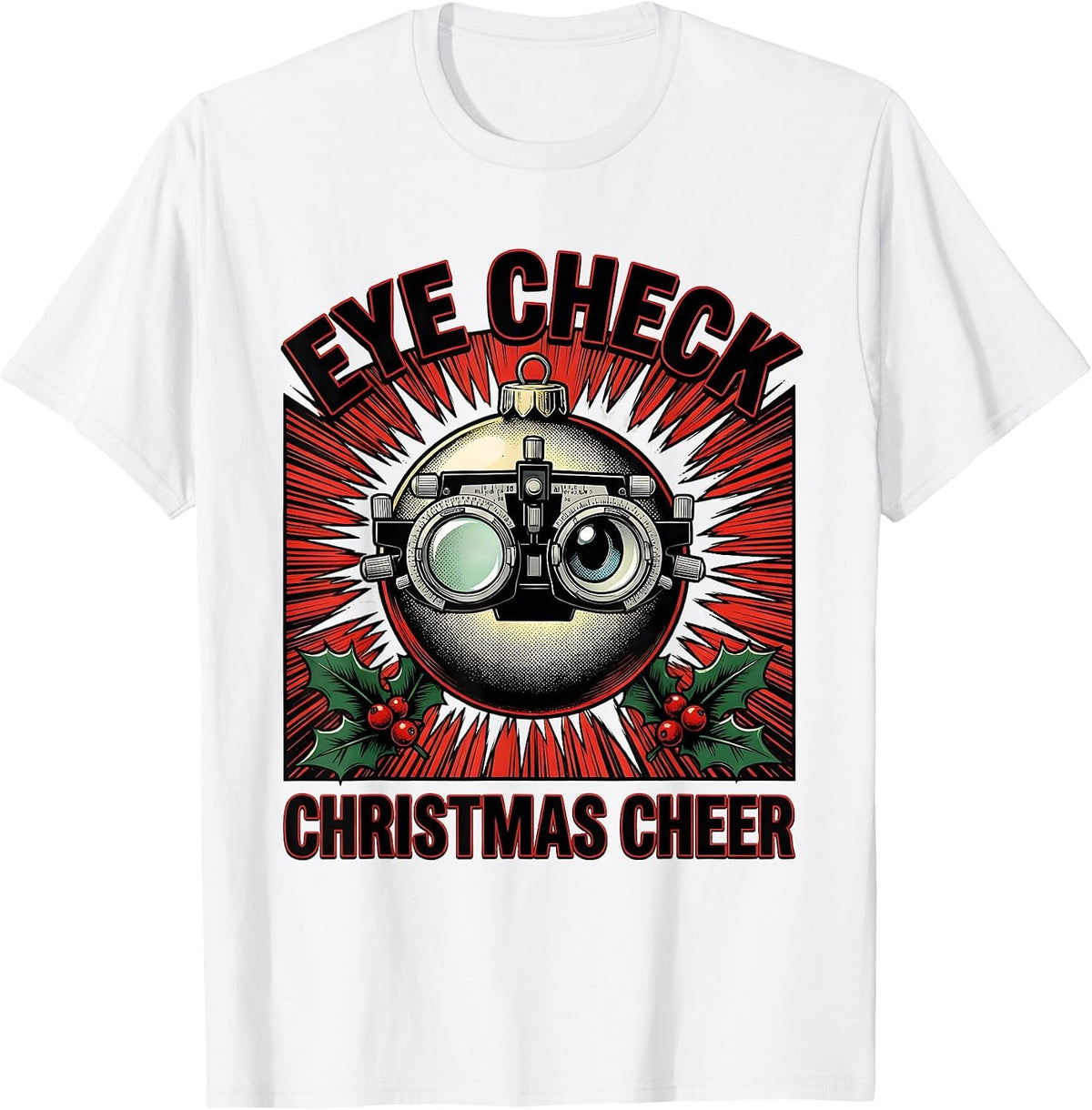 Men's Eye Check Christmas Cheer Comic Book Optometrist Eye Exam T-Shirt - White